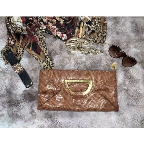 Big Buddha Faux Snakeskin Brown Clutch Oversized Gold Ornament/buckle, Purse - Picture 4 of 14